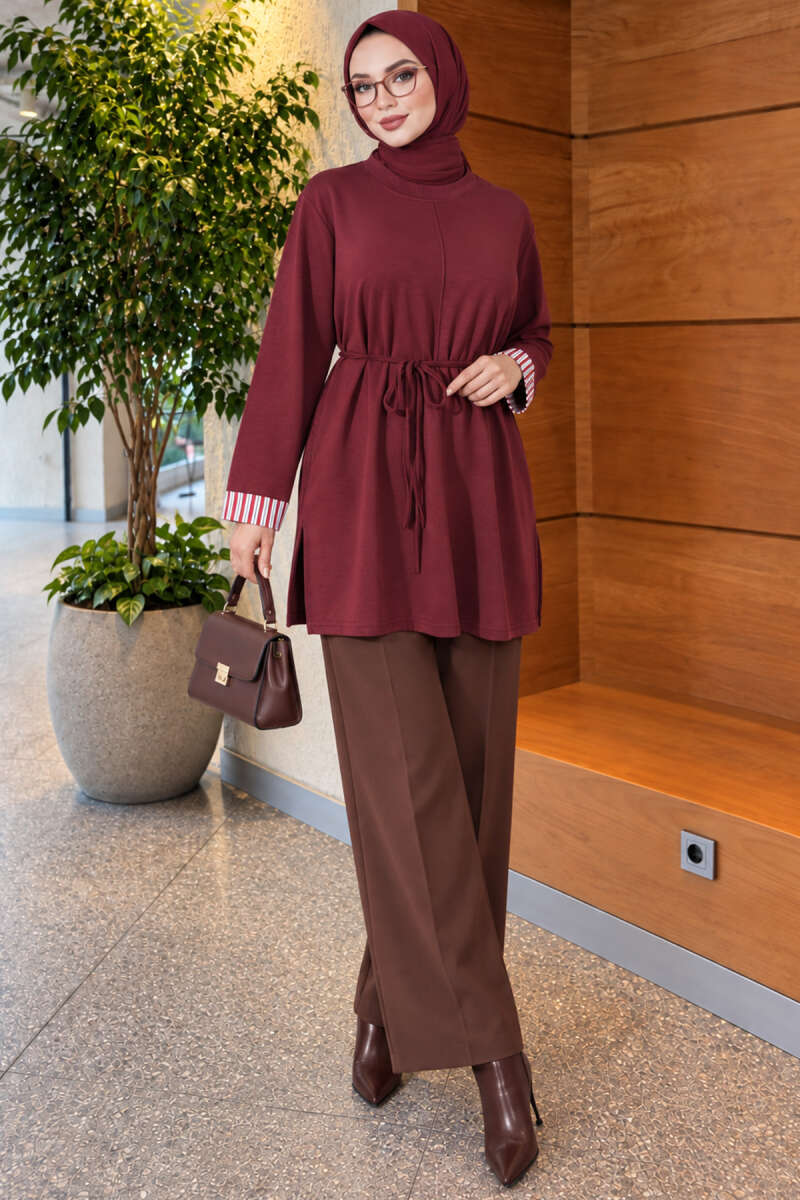 Tunic with Double Sleeves and Collar Trim - Burgundy