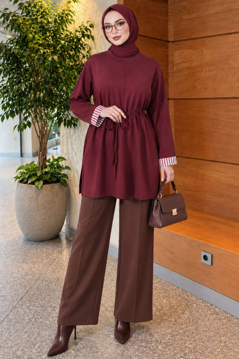 Tunic with Double Sleeves and Collar Trim - Burgundy
