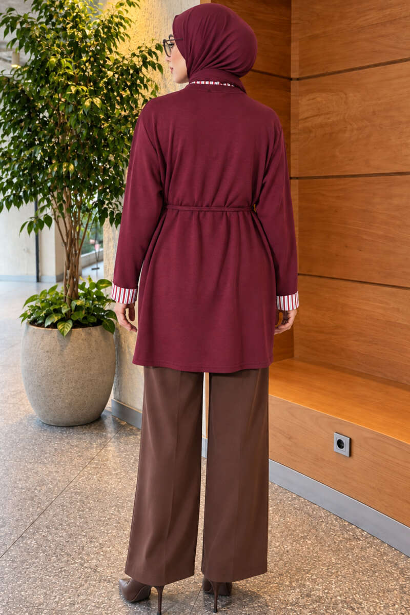 Tunic with Double Sleeves and Collar Trim - Burgundy
