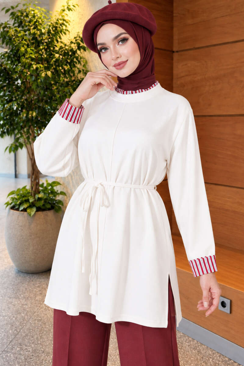 Tunic with Double Sleeves and Collar Trim - Ecru