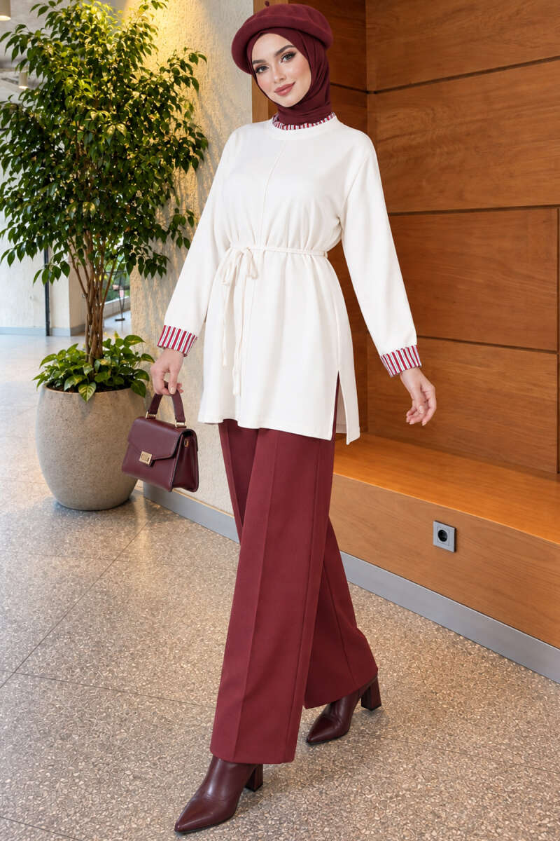Tunic with Double Sleeves and Collar Trim - Ecru