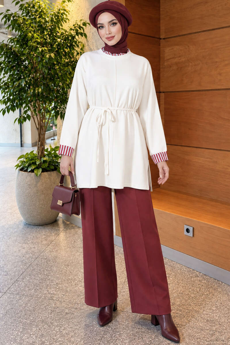 Tunic with Double Sleeves and Collar Trim - Ecru