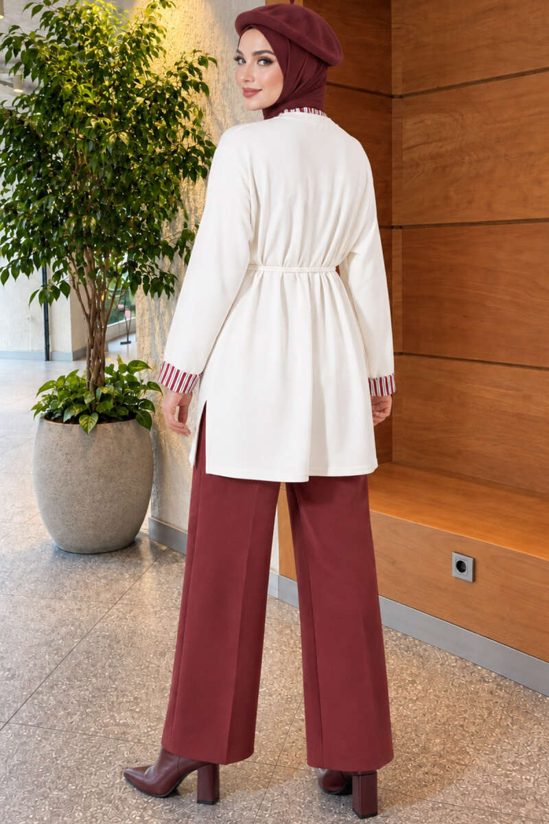 Tunic with Double Sleeves and Collar Trim - Ecru