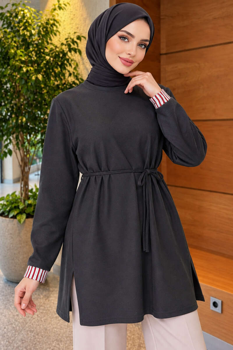 Tunic with Double Sleeves and Collar Trim - Smoke Grey