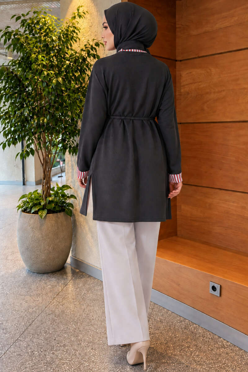 Tunic with Double Sleeves and Collar Trim - Smoke Grey