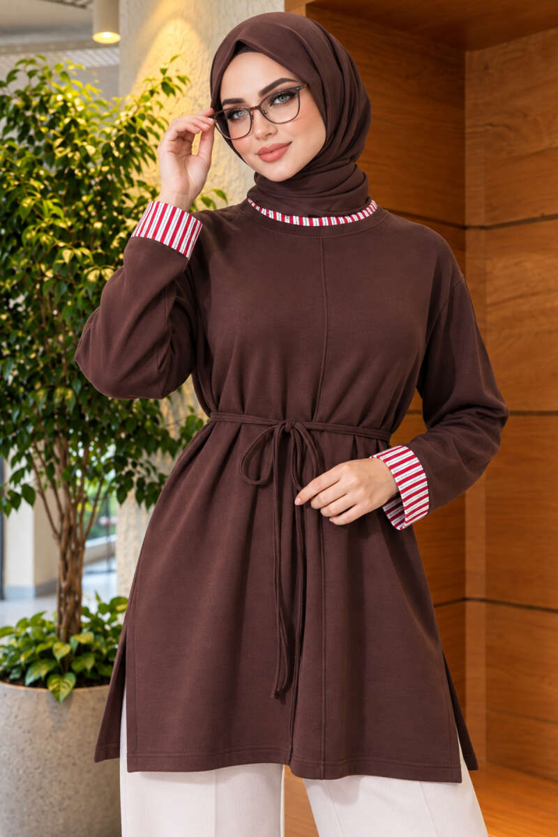 Tunic with Double Sleeves and Collar Trim - Brown