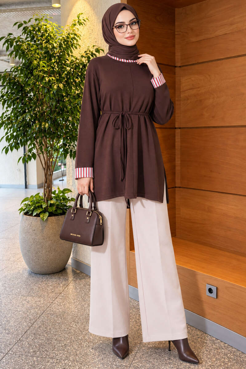 Tunic with Double Sleeves and Collar Trim - Brown