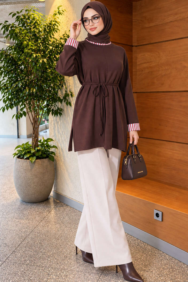 Tunic with Double Sleeves and Collar Trim - Brown