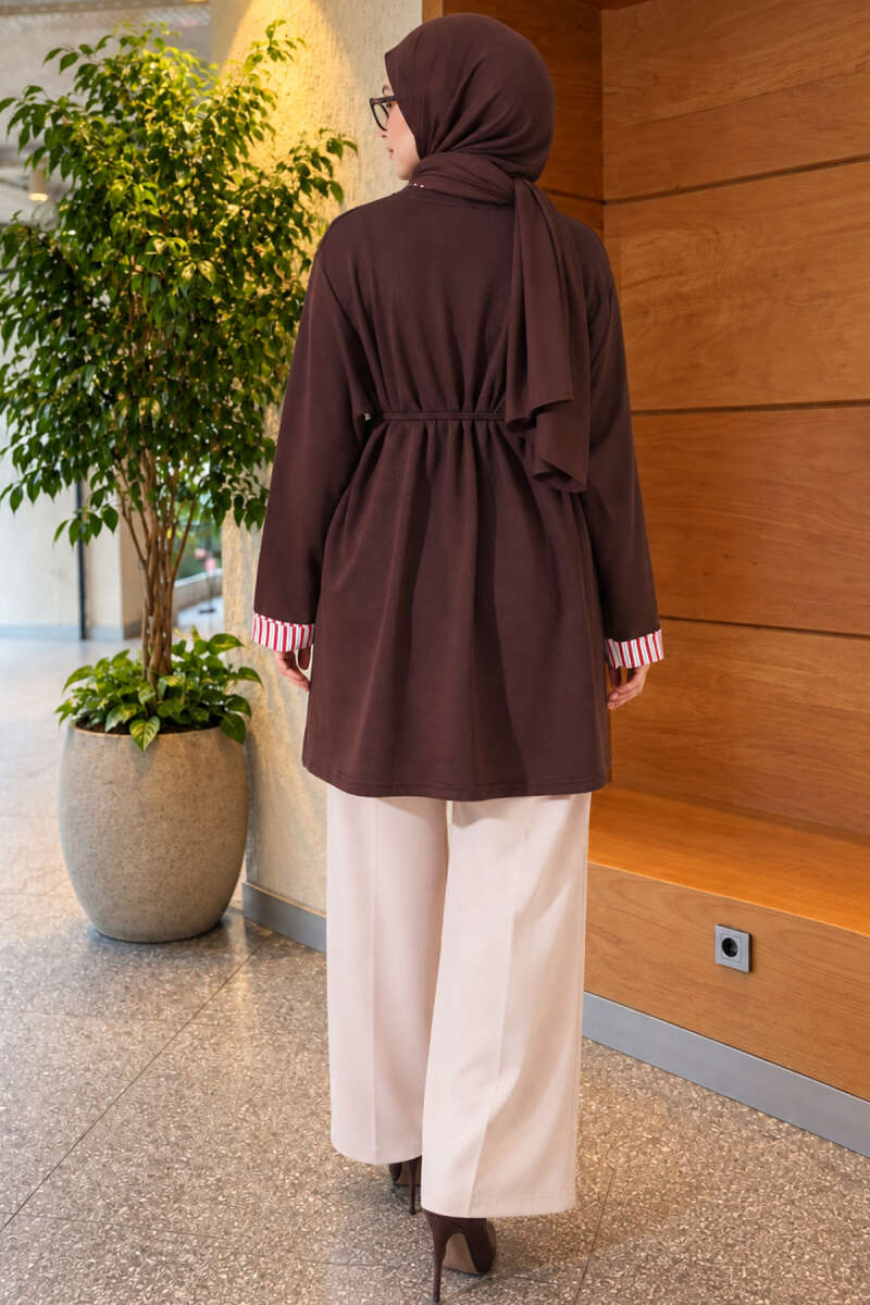 Tunic with Double Sleeves and Collar Trim - Brown