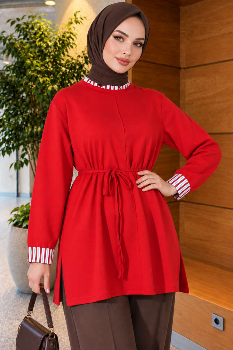 Tunic with Double Sleeves and Collar Trim - Red