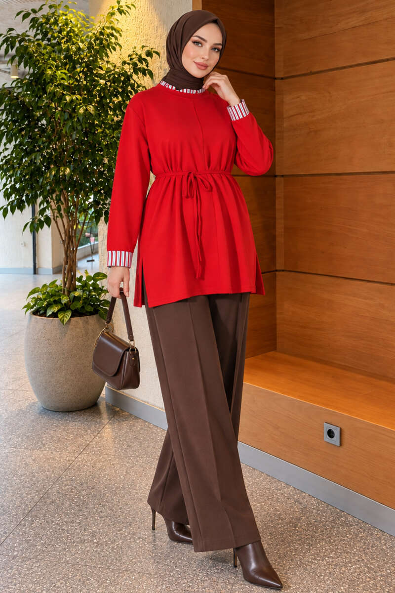 Tunic with Double Sleeves and Collar Trim - Red