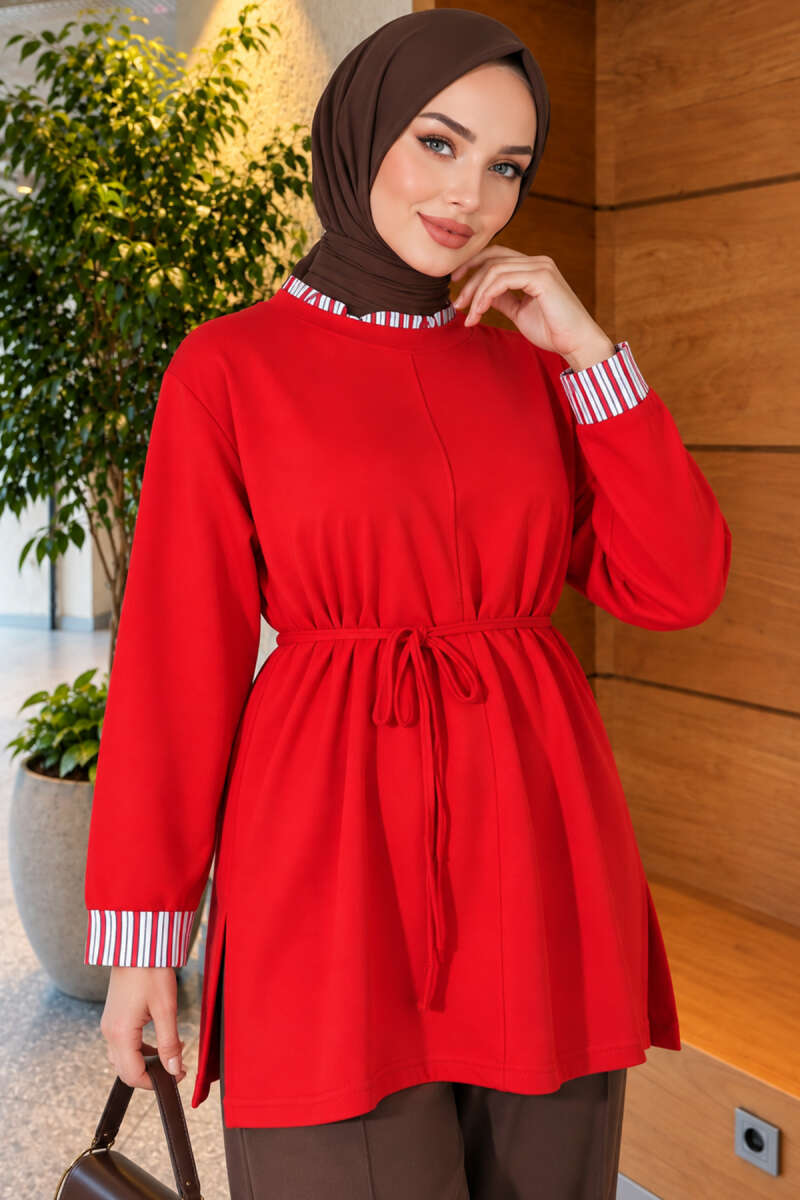 Tunic with Double Sleeves and Collar Trim - Red