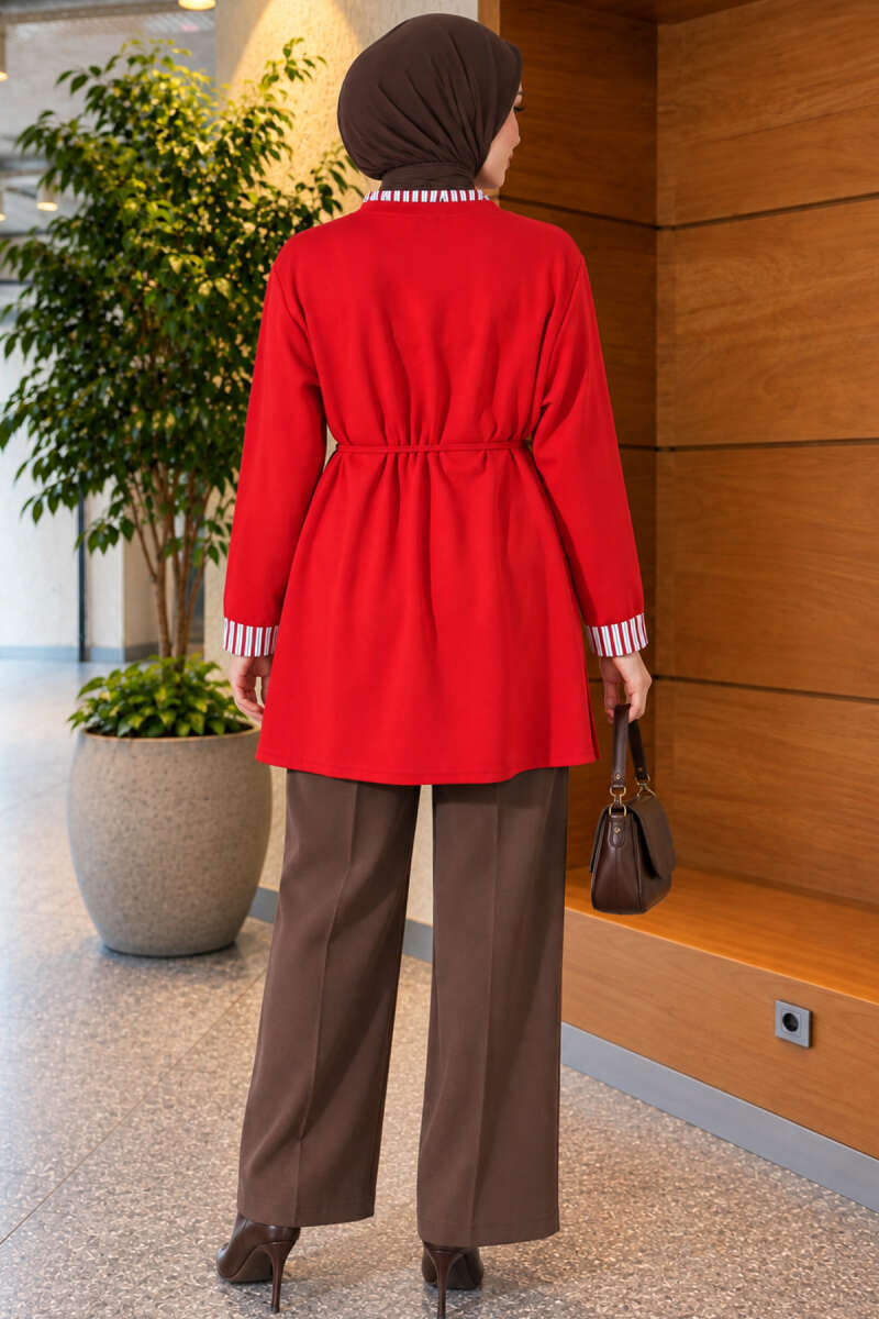 Tunic with Double Sleeves and Collar Trim - Red