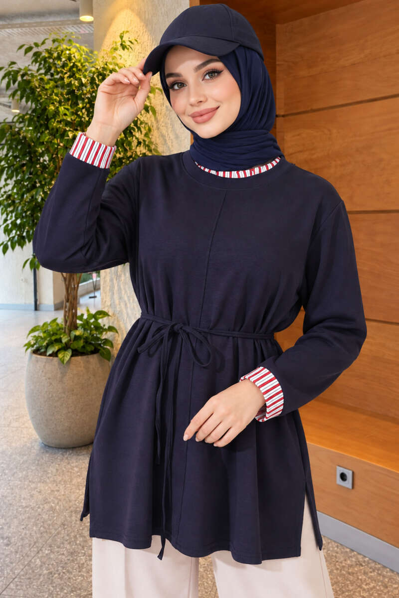 Tunic with Double Sleeves and Collar Trim - Navy