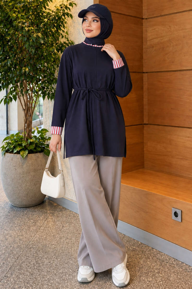 Tunic with Double Sleeves and Collar Trim - Navy