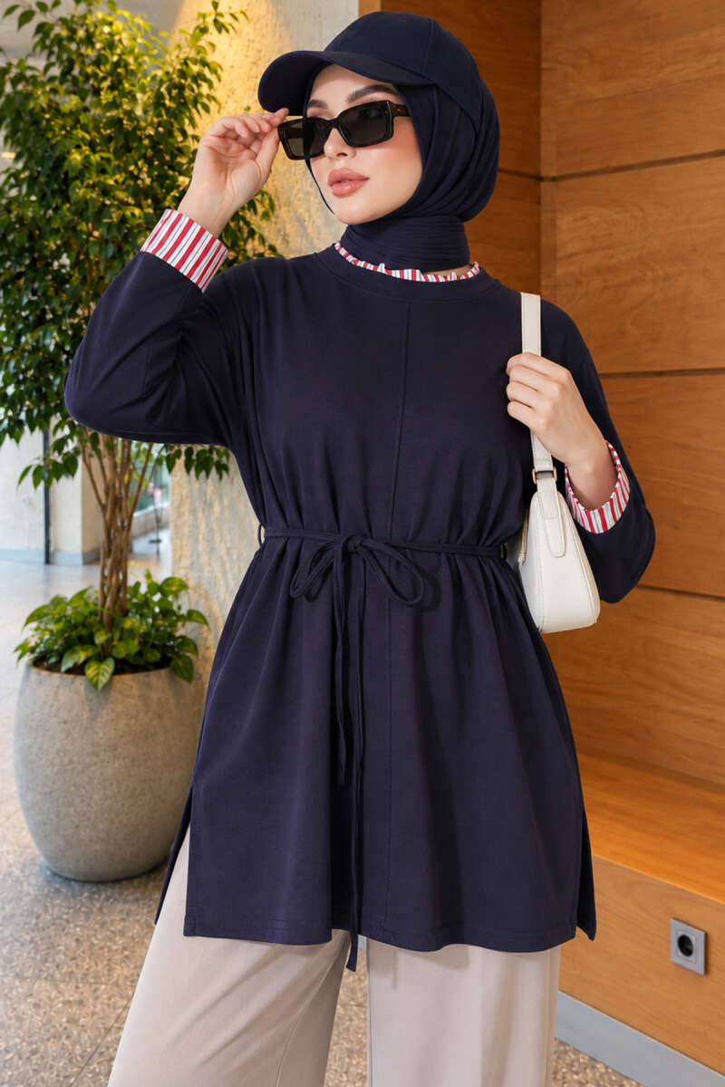 Tunic with Double Sleeves and Collar Trim - Navy