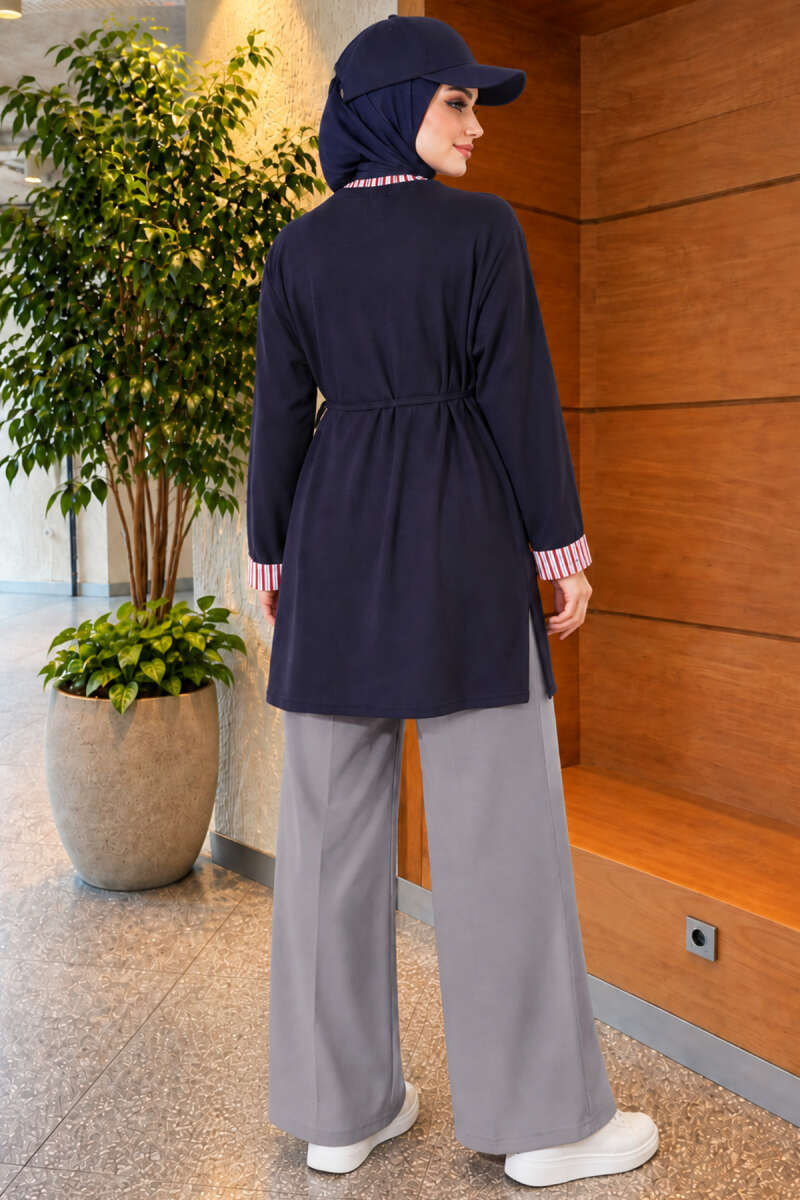 Tunic with Double Sleeves and Collar Trim - Navy