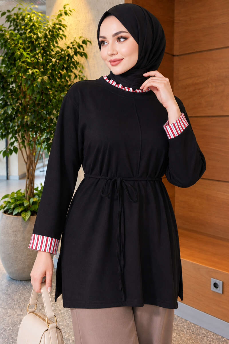 Tunic with Double Sleeves and Collar Trim - Black