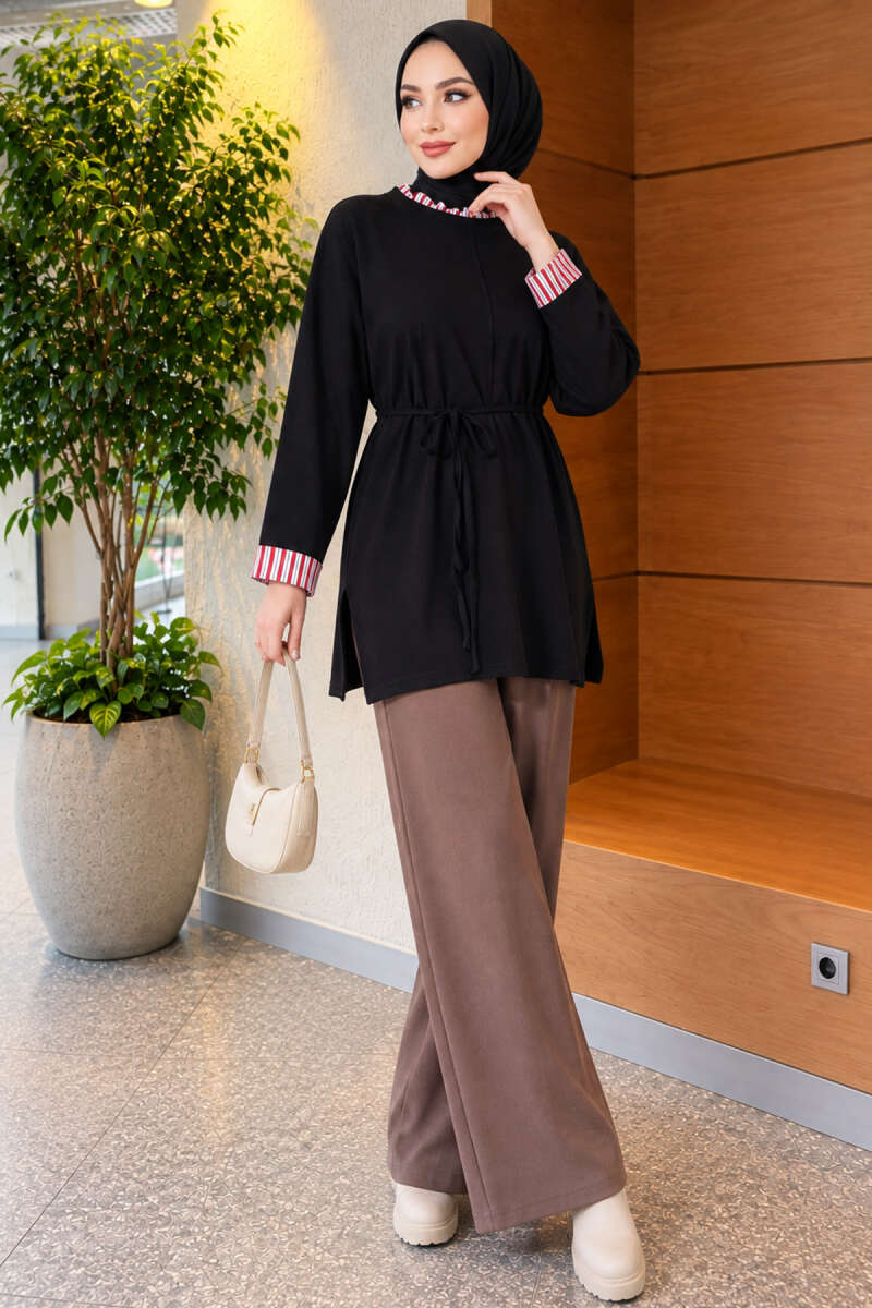 Tunic with Double Sleeves and Collar Trim - Black