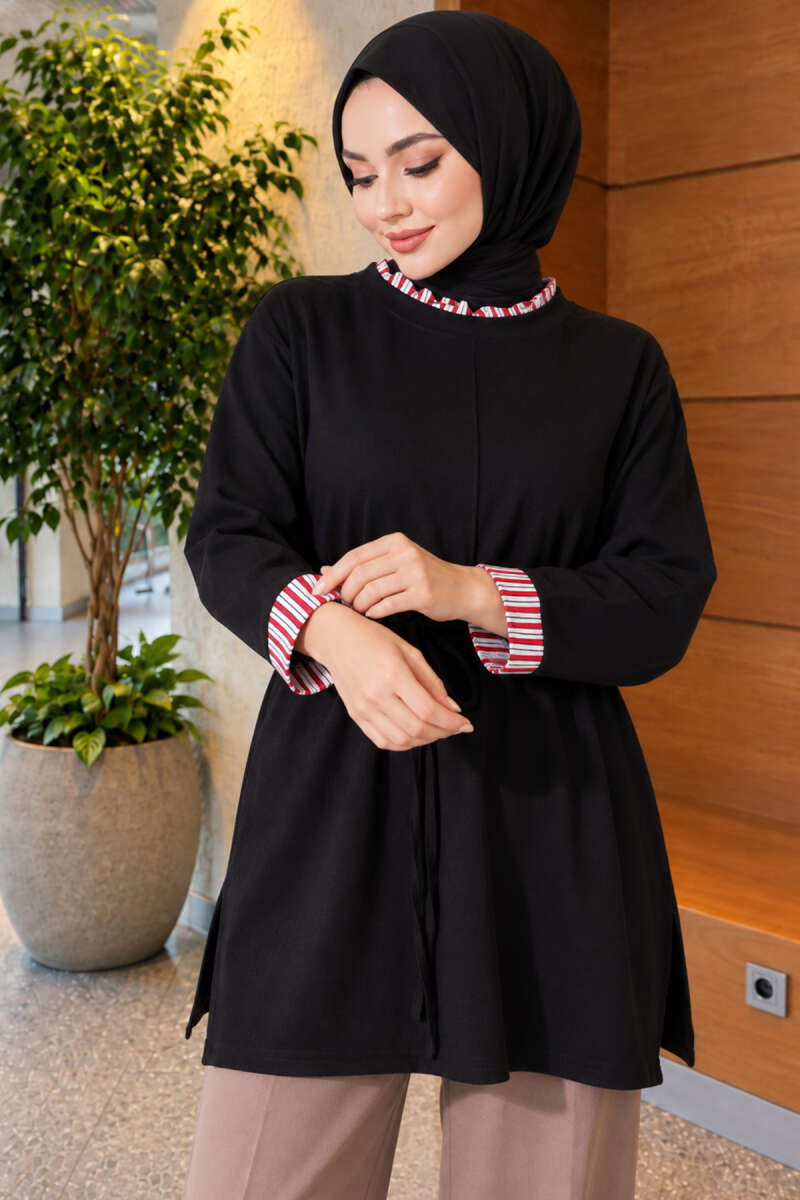 Tunic with Double Sleeves and Collar Trim - Black