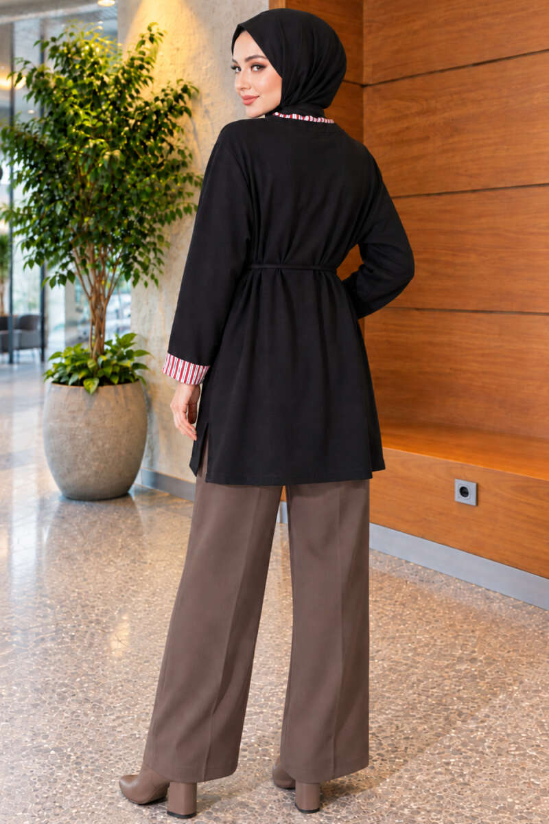 Tunic with Double Sleeves and Collar Trim - Black