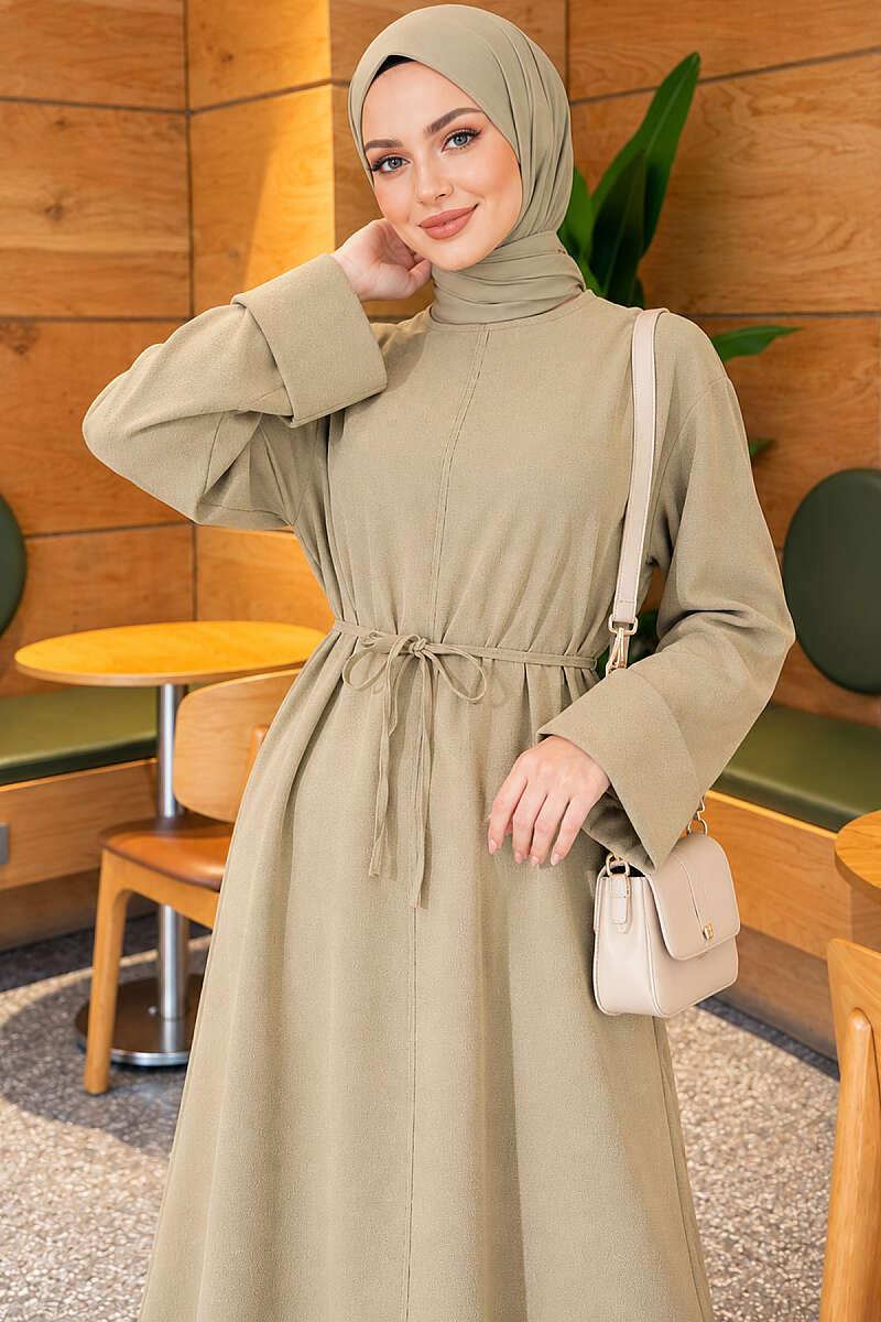 Double-Sleeve Dress with Tie Belt - Almond Green