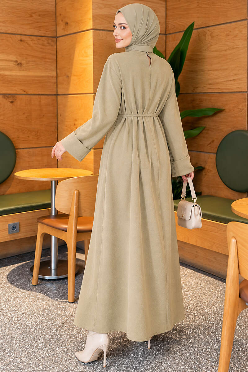 Double-Sleeve Dress with Tie Belt - Almond Green