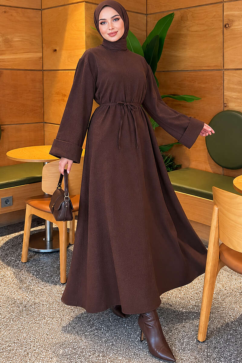 Double-Sleeve Dress with Tie Belt - Brown