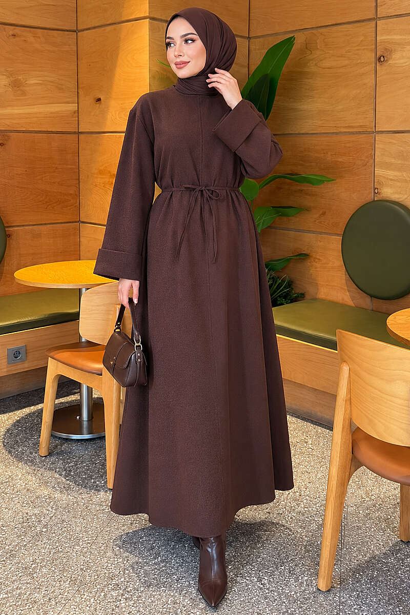 Double-Sleeve Dress with Tie Belt - Brown