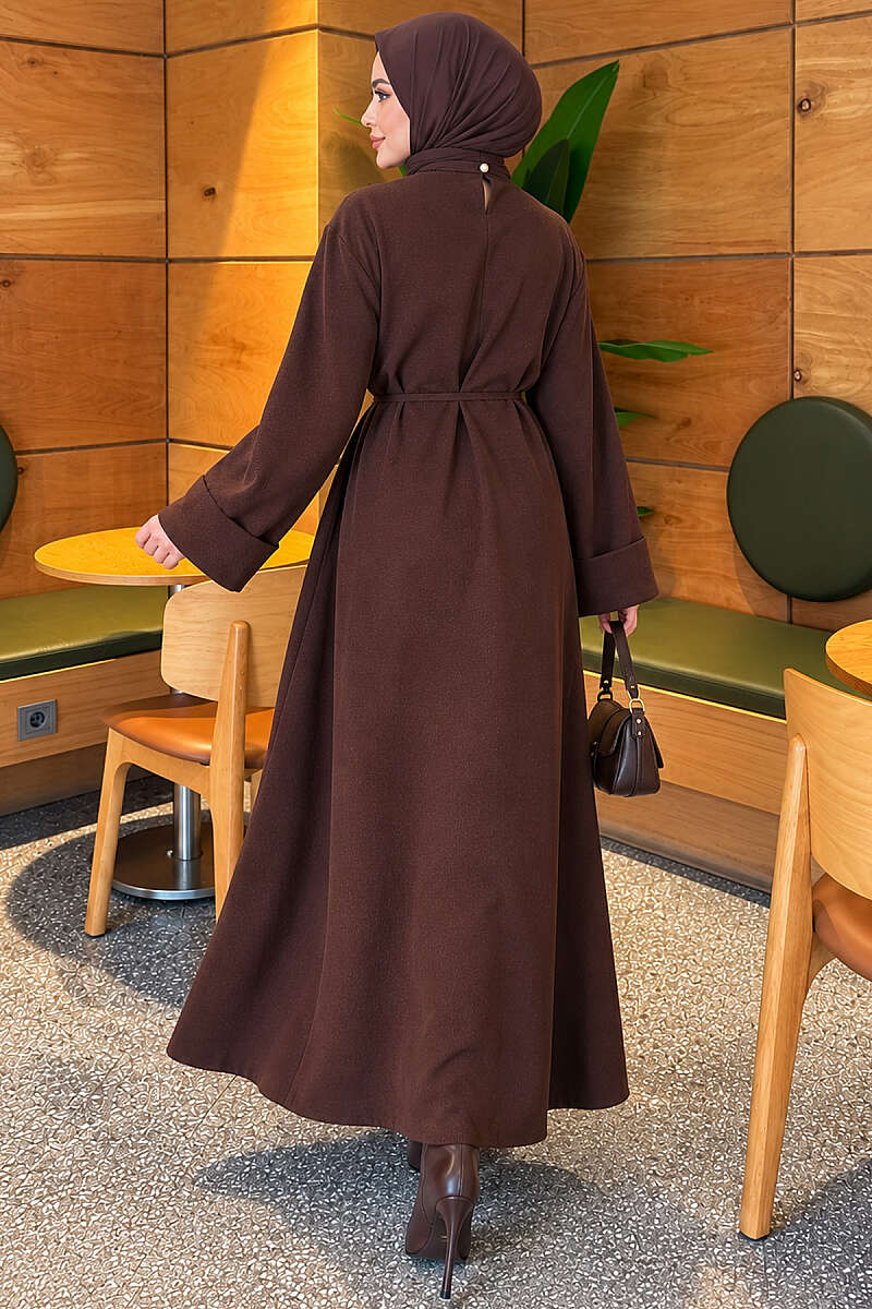 Double-Sleeve Dress with Tie Belt - Brown