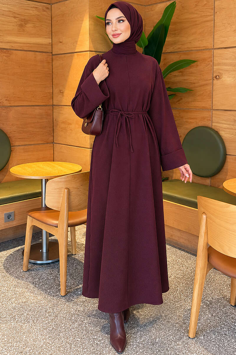 Double-Sleeve Dress with Tie Belt - Plum