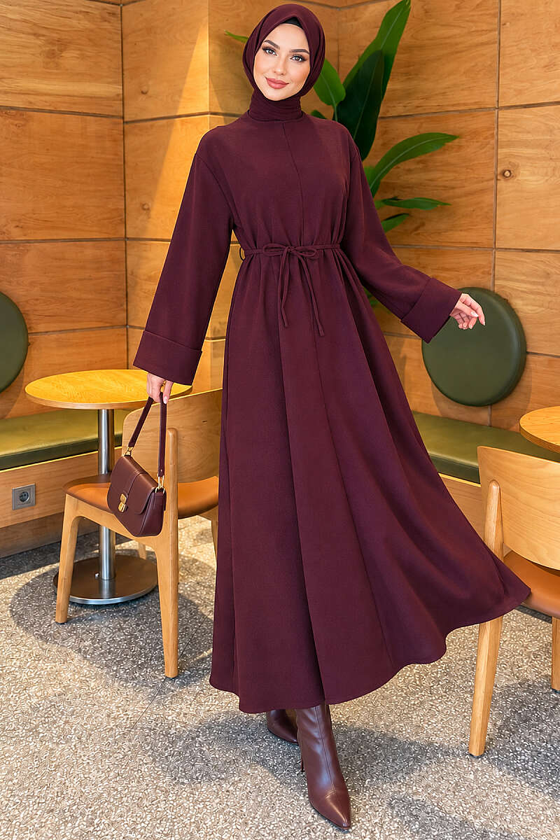 Double-Sleeve Dress with Tie Belt - Plum