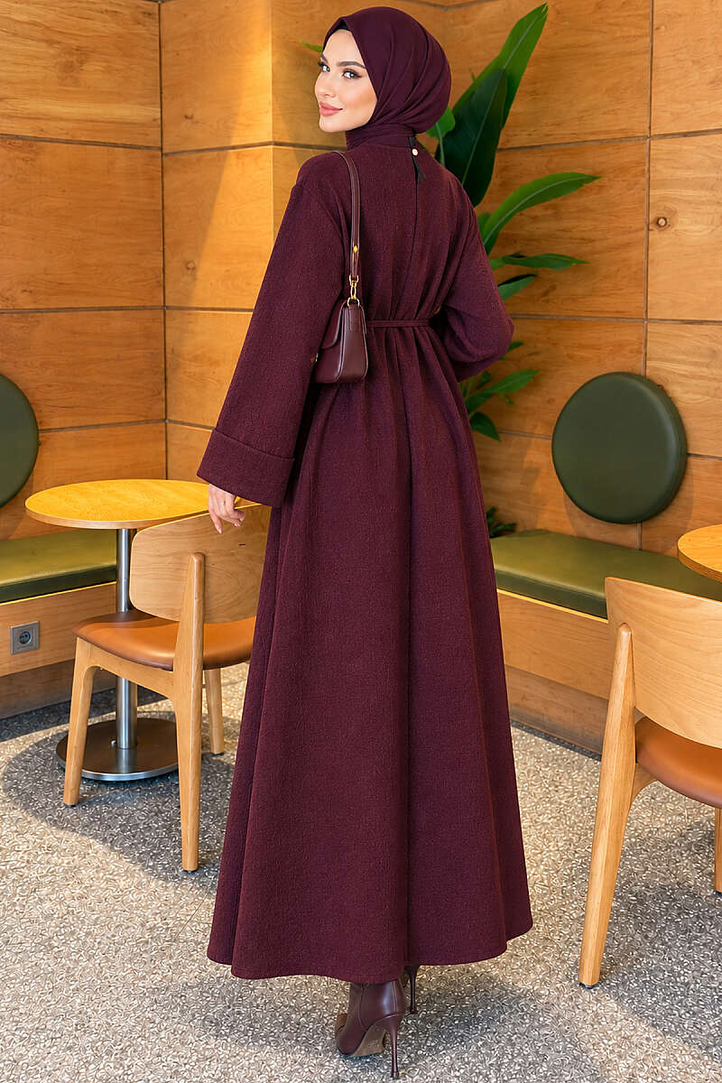 Double-Sleeve Dress with Tie Belt - Plum