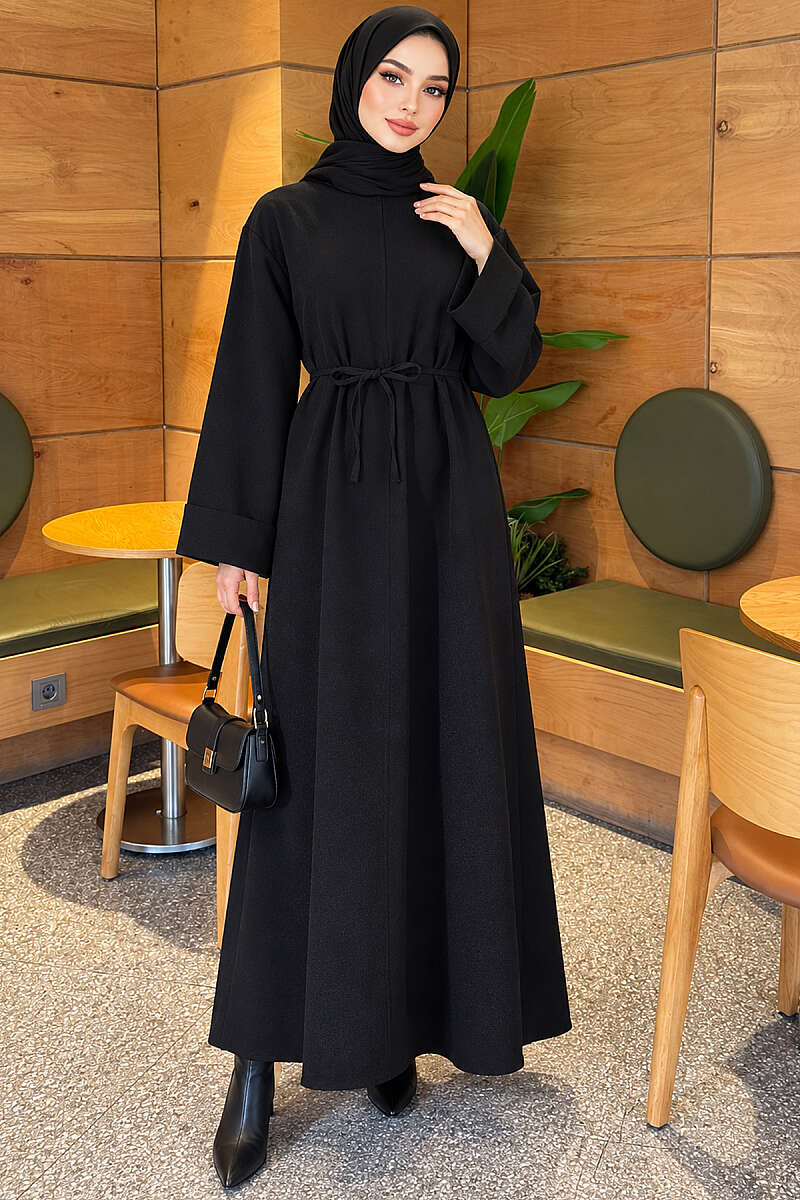 Double-Sleeve Dress with Tie Belt - Black