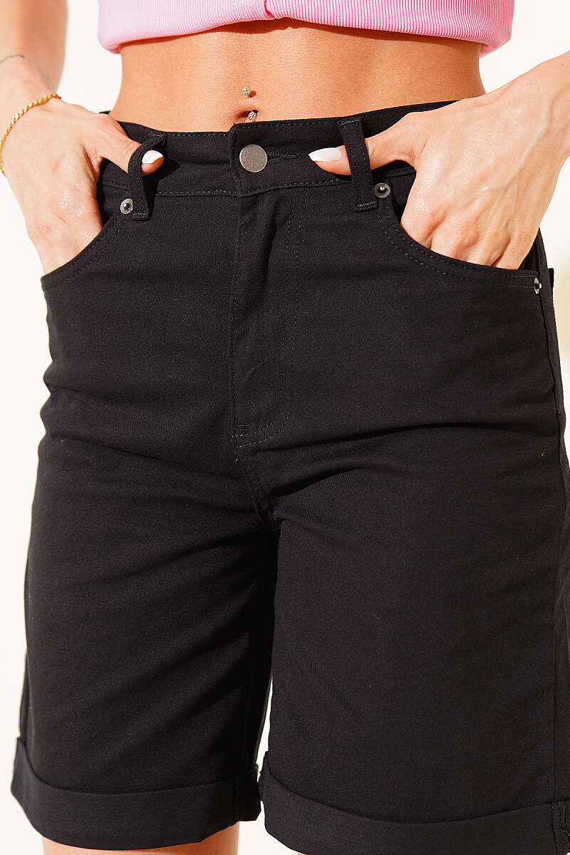 Turn-Up Denim Shorts - Black