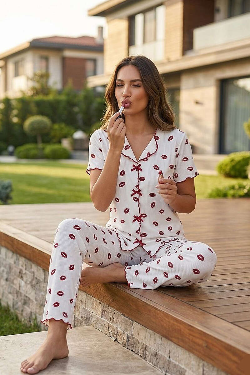 Lip Print Short-Sleeve Pyjama Set - White