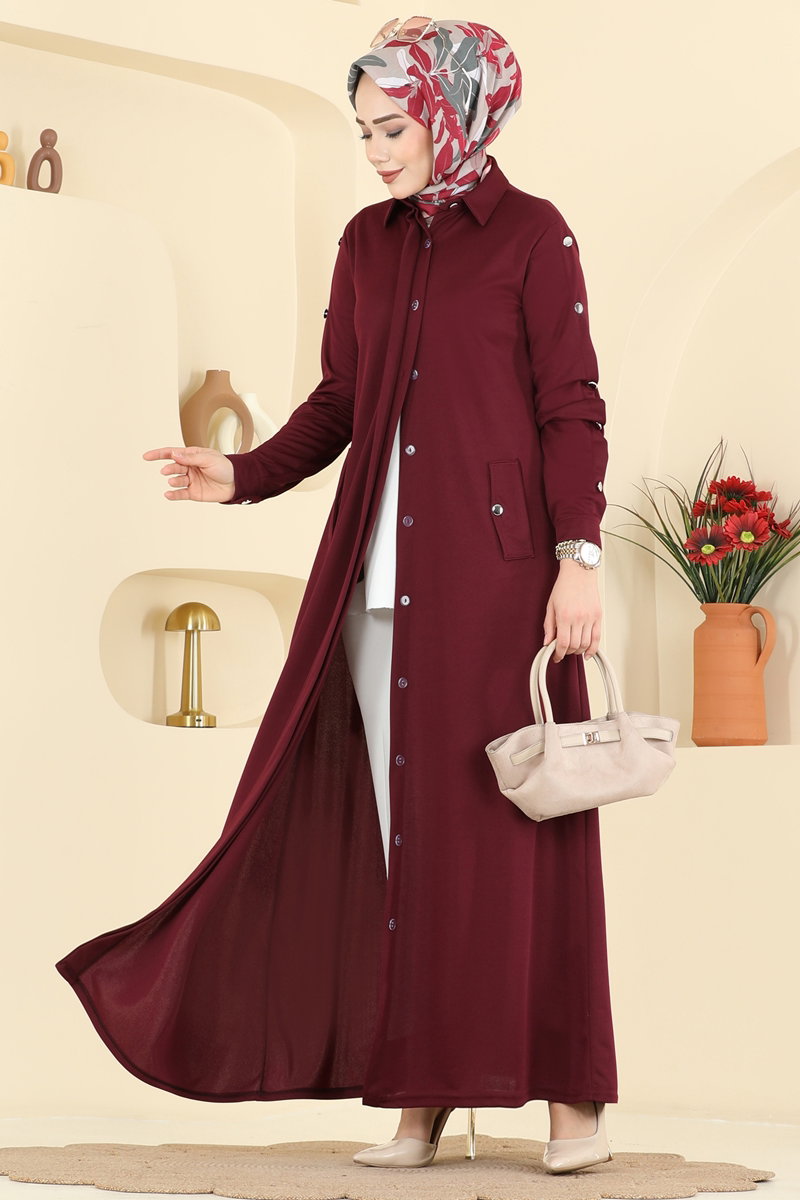 Crepe Knit Abaya Coat with Decorative Buttons - Burgundy