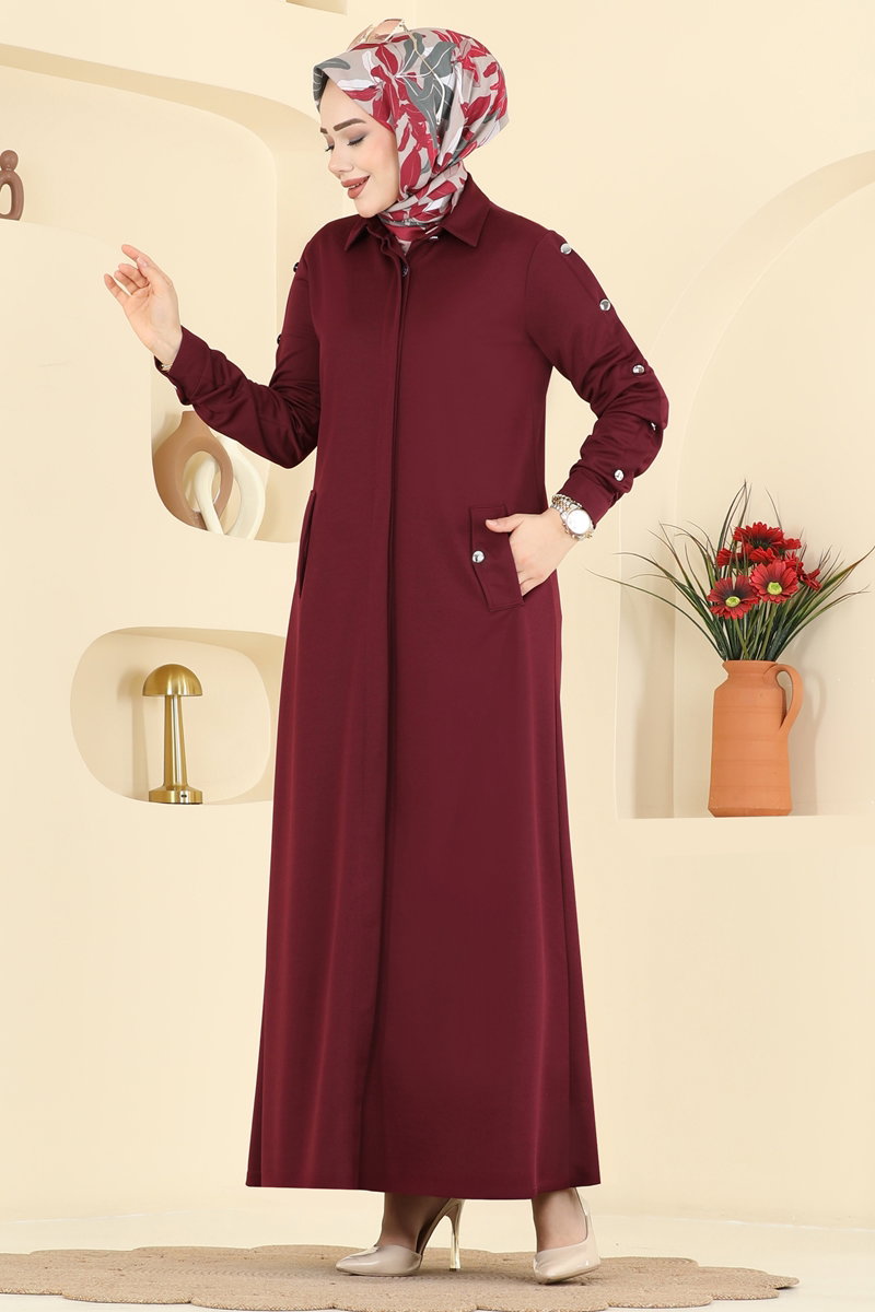 Crepe Knit Abaya Coat with Decorative Buttons - Burgundy