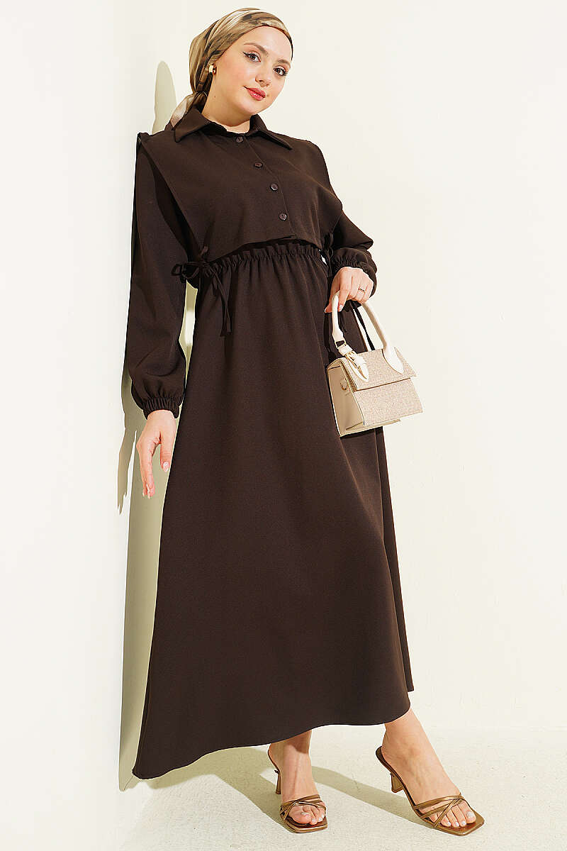 Double-Knit Dress with Bolero and Elastic Waist - Dark Brown
