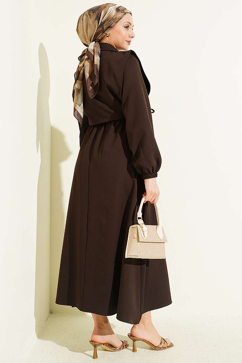 Double-Knit Dress with Bolero and Elastic Waist - Dark Brown