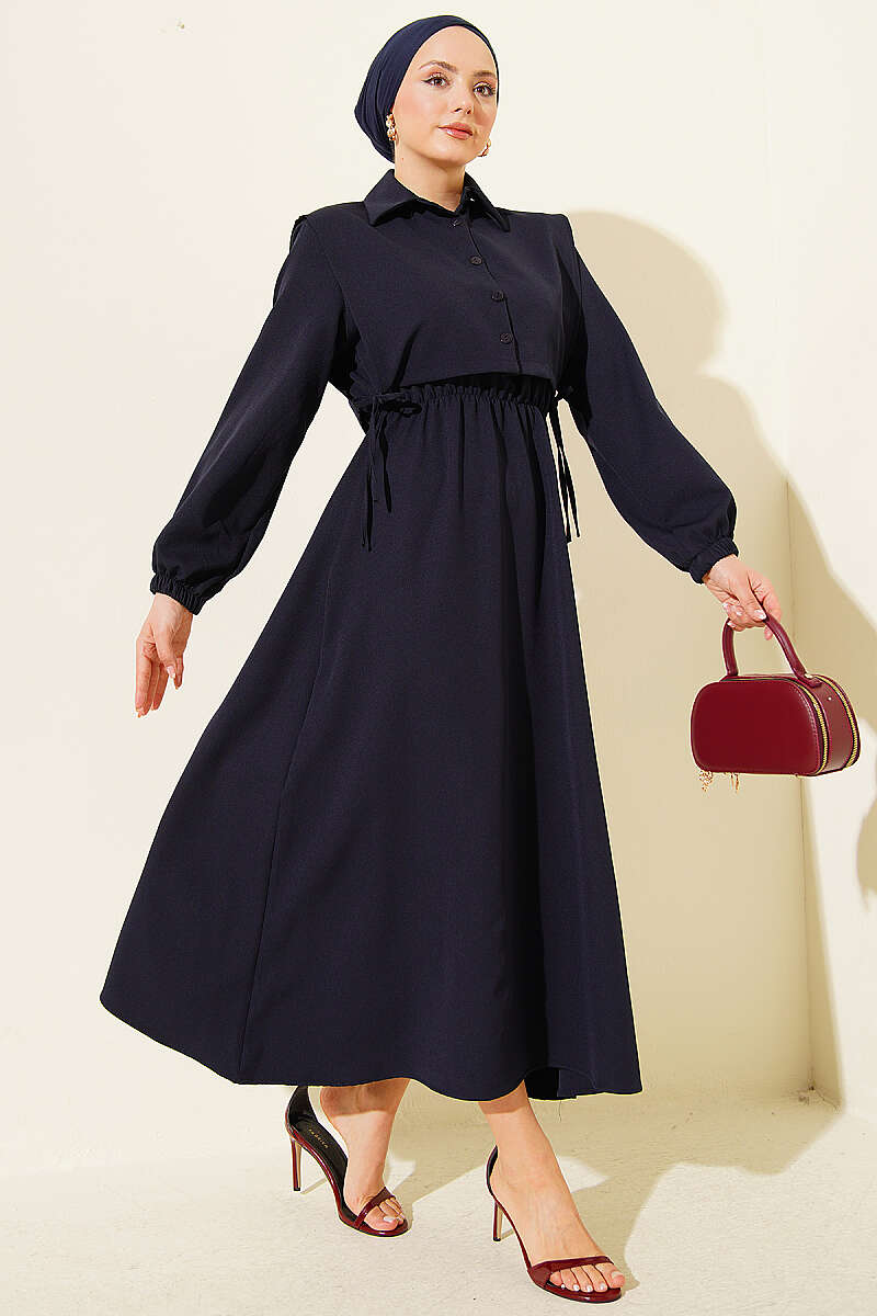Double-Knit Dress with Bolero and Elastic Waist - Navy