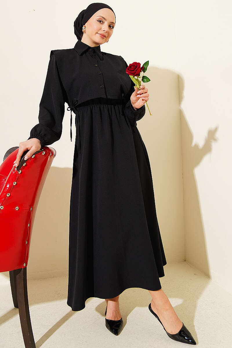Double-Knit Dress with Bolero and Elastic Waist - Black