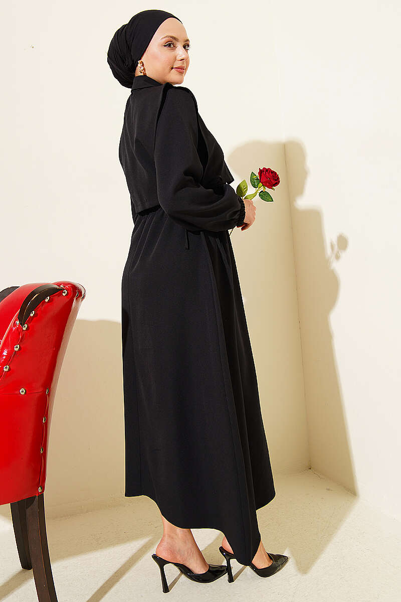 Double-Knit Dress with Bolero and Elastic Waist - Black
