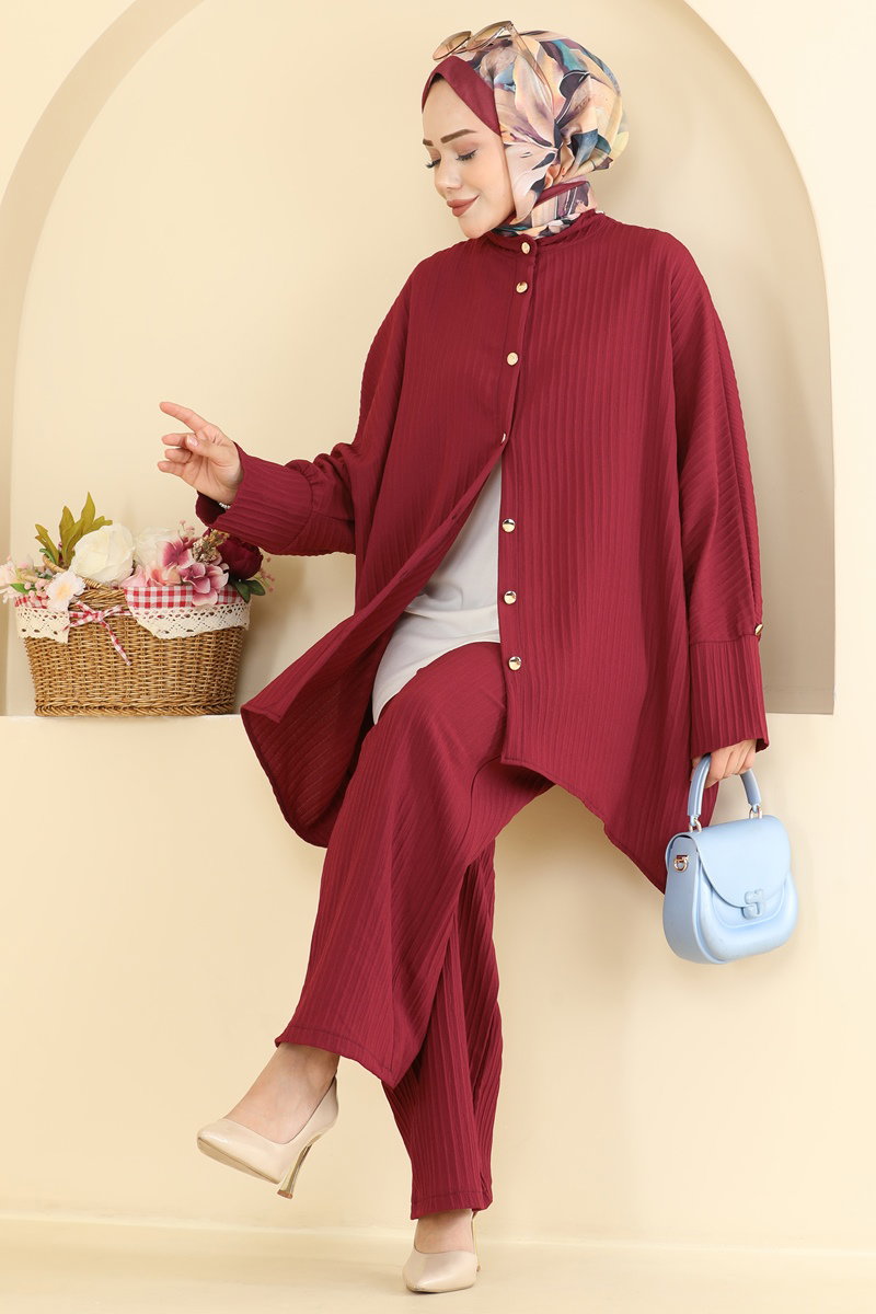 Woven Two-Piece Set with Button Detail - Burgundy