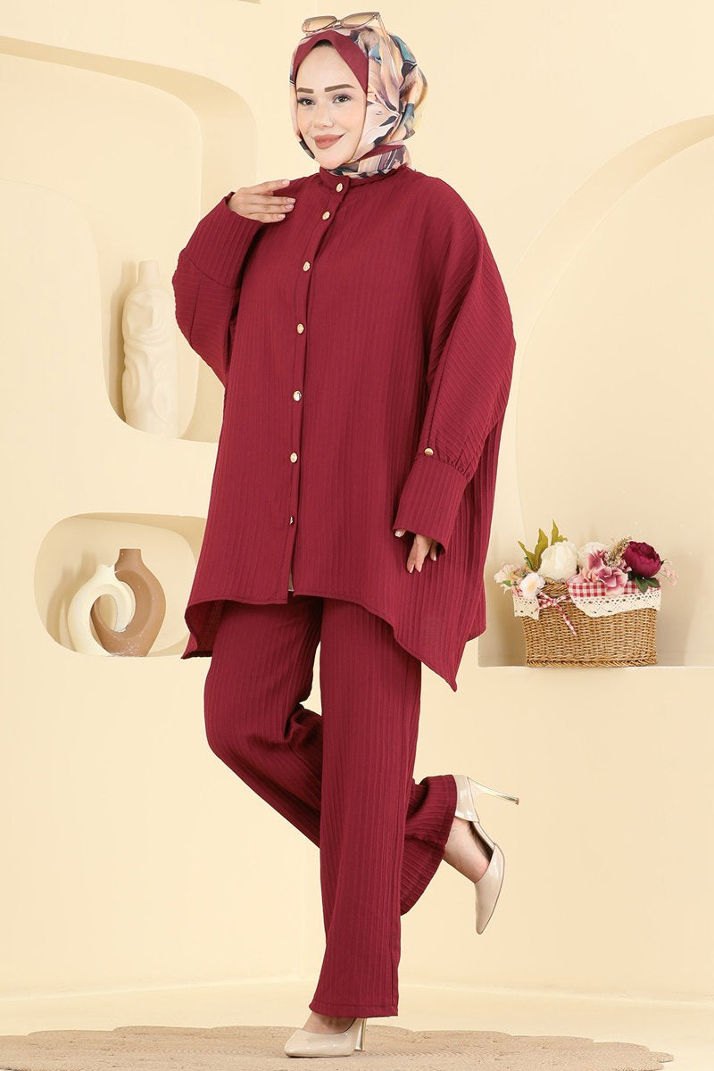 Woven Two-Piece Set with Button Detail - Burgundy