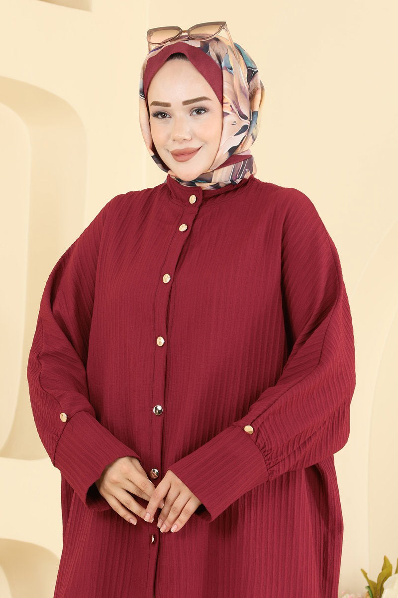 Woven Two-Piece Set with Button Detail - Burgundy