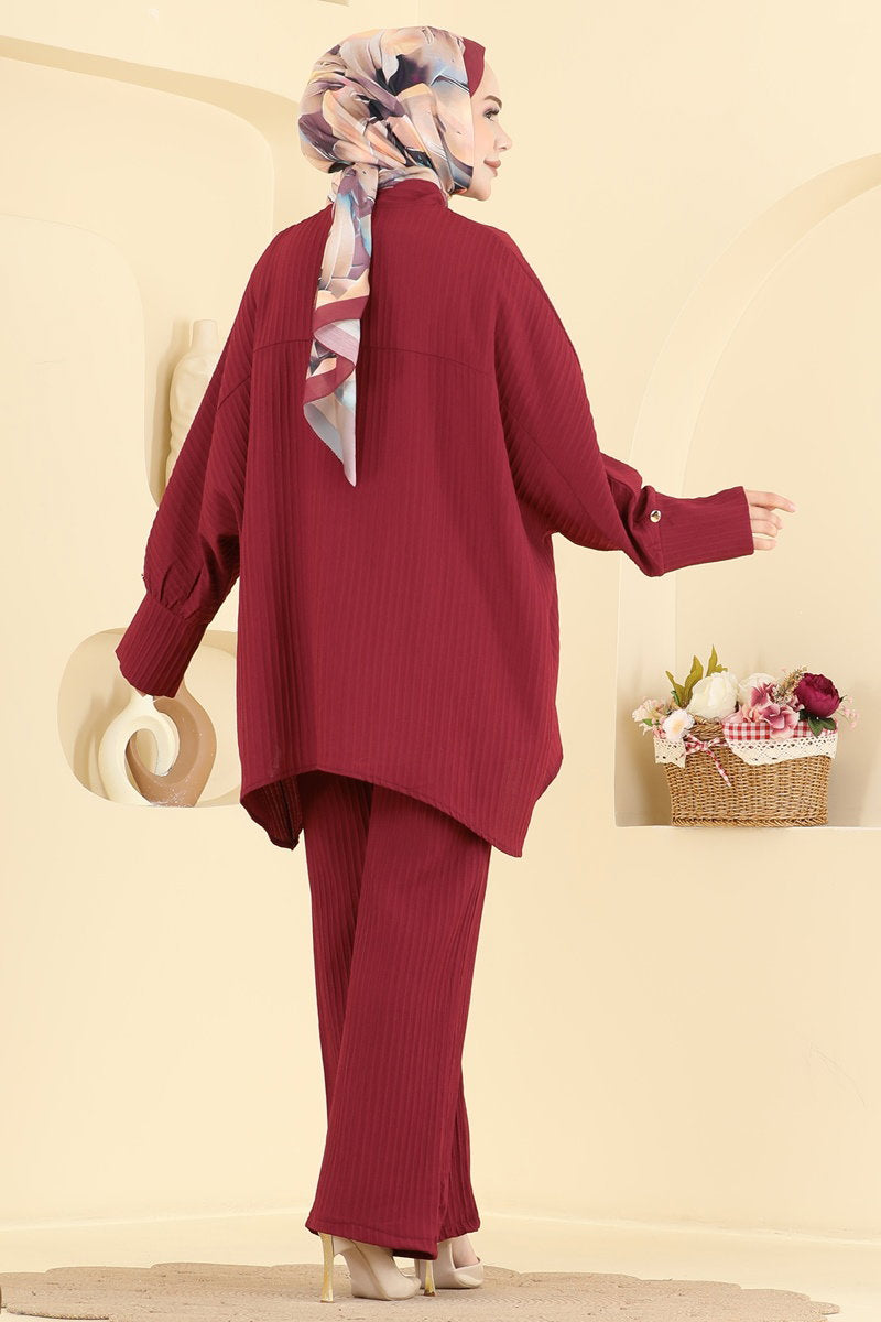 Woven Two-Piece Set with Button Detail - Burgundy