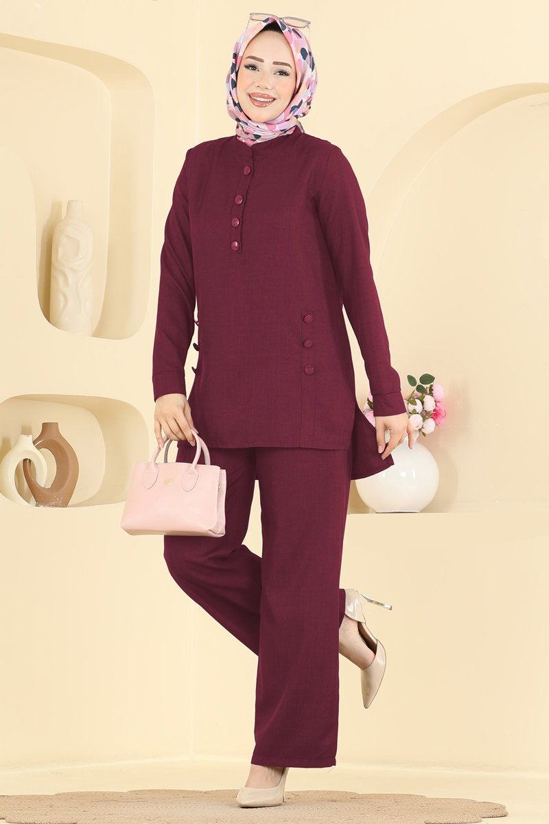Linen Two-Piece Button Set - Burgundy