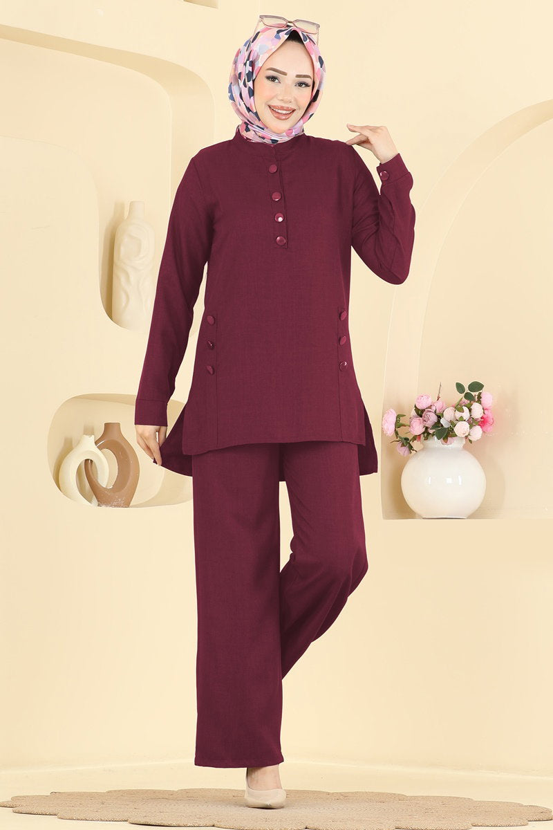 Linen Two-Piece Button Set - Burgundy