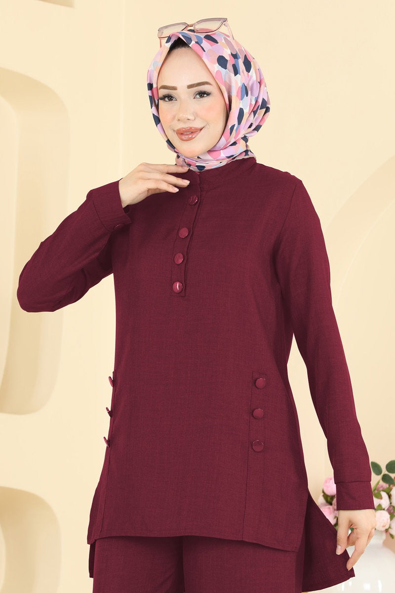 Linen Two-Piece Button Set - Burgundy